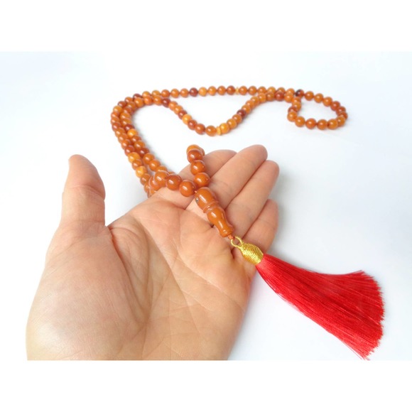 99 Bead Muslim Rosary with Minaret Butterscotch Baltic Amber Prayer Necklace 55g - Picture 6 of 10